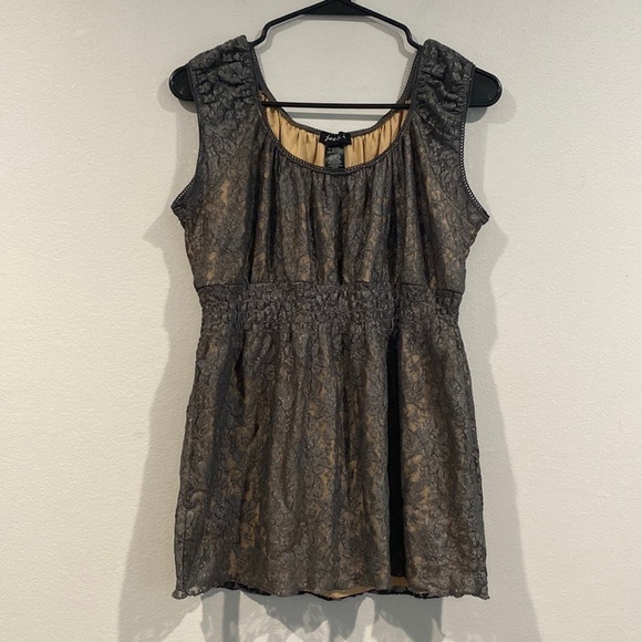 Gray Lace Overlay over Tan Lining Top w/ Slightly Puffed Sleves-joei & i-Size L - Picture 1 of 7